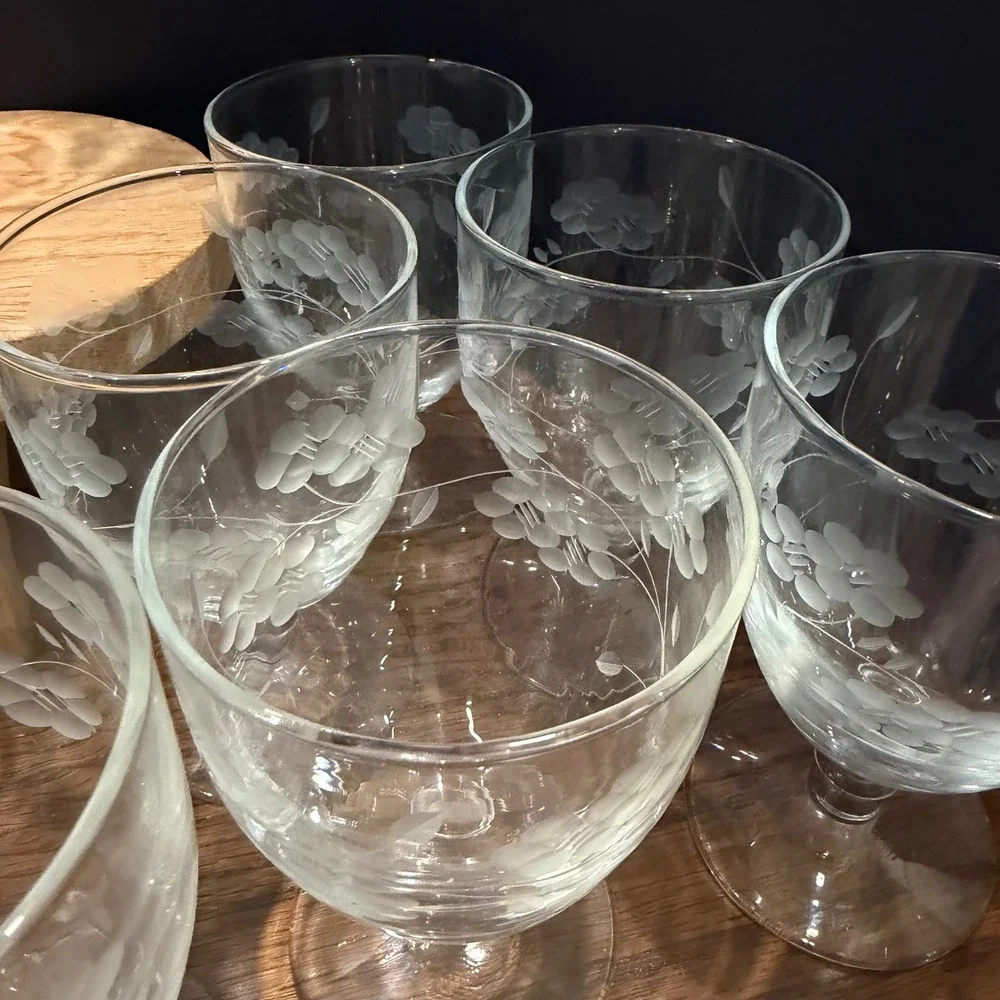 Vintage Etched Floral Crystal Water Goblets Wine Glasses‎ Set of 14 Stemware